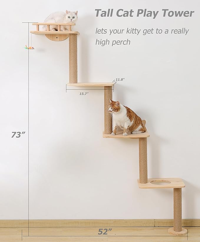 Cat Tree Wall Mounted with 4 Levels Shelves, 73" Wood Corner Tower Inside Kitten Scratching Post for Climbing,Perching and Lounging (Right to Left)-Mewly Pet