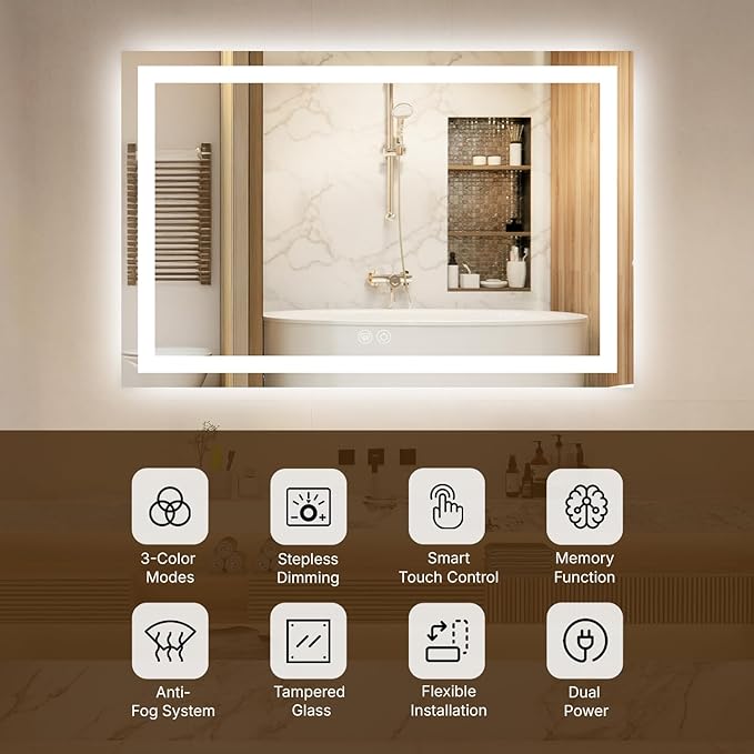 40 x 32 LED Vanity Mirror for Bathroom, Frontlit & Backlit LED Mirror for Bathroom with 3 Colour Lights, Wall Vanity Mirror with Anti-Fog, Shatterproof & Memory Function, Perfect for Modern Bathrooms