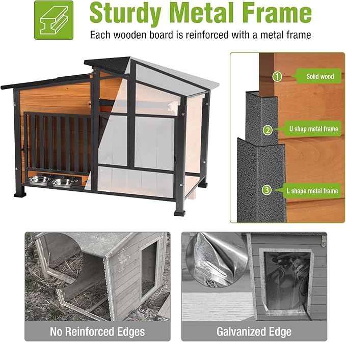 GUTINNEEN Heated Dog House Outdoor Dog Kennel with Safe Heated Pad, Chew-Proof Metal Frame and Rotating Food Bowl for Small to Medium Dogs, 39.7"x25.5"x32.2" (Dark Brown)-Mewly Pet