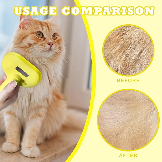 Cat Brush for Shedding - Pet Hair Removal Comb with Water Tank, Steam Brush, Cat Bath Brush, Dog Brush - Yellow-Mewly Pet