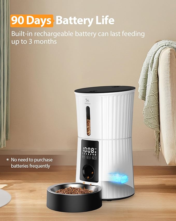 Petory Automatic Cat Feeders - 4L Timed Cat Feeders for Dry Food Built-in Battery up to 6 Meals with Desiccant Bag Support Dual Power 10S Recorder-Mewly Pet