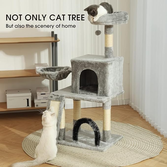 HOOPET 44IN Cat Tree for Indoor Cats - Multi-Level Cat Tower with Hammock, Condo, Scratching Posts, Self-Grooming Brush & Play Ball - Space-Saving Cat Furniture for Small Apartments-Mewly Pet