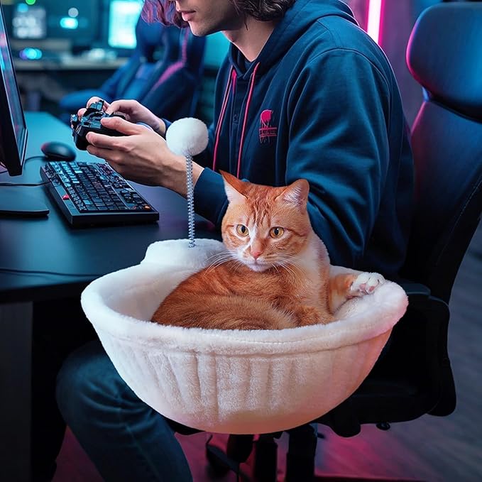 PAWZ Road Cat Bed for Desk with Interactive Plush Ball, 12 Inches in Diameter,Space-Saving Cat Desk Bed, White Cats Hammock for Table Supports Up to 40lbs, Medium-Mewly Pet