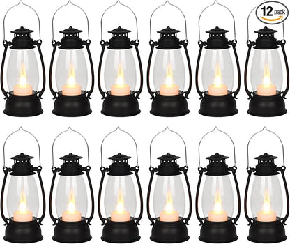 12Pcs Mini Lantern for Cowboy Halloween Christmas Wedding, Black 6" Candle Lantern with Flickering LED for Camping Western Party Decorations, Table Centerpiece, Hanging Lamp Ornaments Bulk
