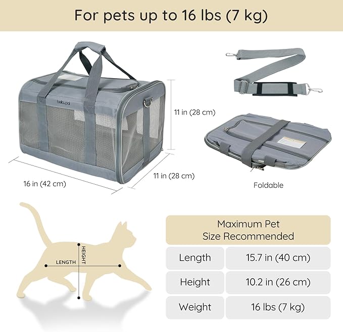 BELLA & PAL Cat Carrier Travel Bag, Airline Approved Lightweight Cat Carrier, Soft Sided Pet Carrier for Puppy Dogs Up to 18lbs, Collapsible Kitten Bag with Removable Waterproof Mat, Ventilated Mesh-Mewly Pet