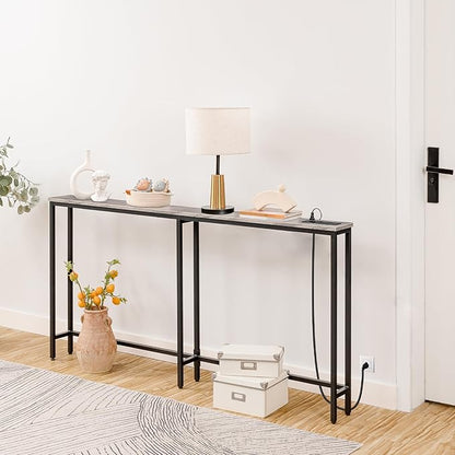 HOOBRO 63" Narrow Console Table with Charging Station, 5.9" Sofa Table with 2 Power Outlets and USB Ports, Long Entryway Tables Behind Couch Table, for Hallway, Livingroom, Greige and Black BG165UXG01