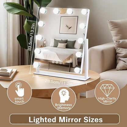 Vanity Mirror with Lights, 13'' x 11'' Lighted Makeup Mirror for Desk, Hollywood Mirror with 12 Dimmable Bulbs, 3 Color Modes, Smart Touch Control, 360°Rotation