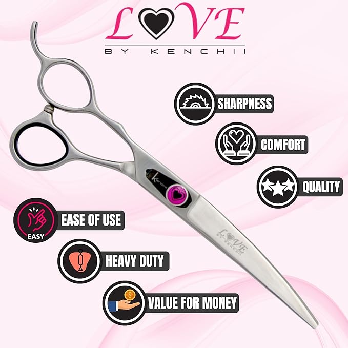 Kenchii Love Left Handed Dog Grooming Scissors, 7 Inch Curved Shears, Dog Scissors for Grooming, Professional Pet Grooming Scissors, Ergonomic & Comfortable-Mewly Pet