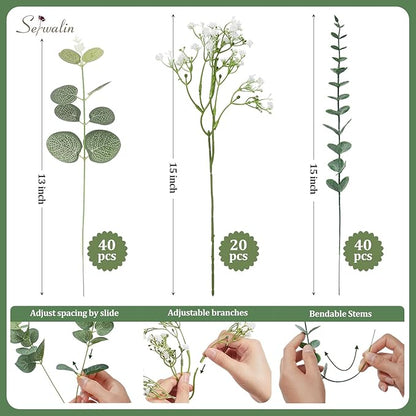 Serwalin 100 Pcs Mixed Artificial Eucalyptus Stems,Babys Breath Artificial Flowers Bulk with Faux Eucalyptus Leaves Greenery Stems for Wedding DIY Bouquets Floral Arrangement Home Decor