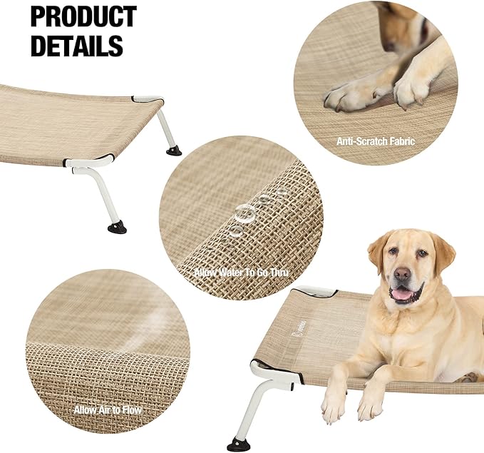 Veehoo Elevated Dog Bed for Outdoor, Cooling Waterproof Raised Dog Cots Beds for Large Dogs, Curved Off Ground Pet Hammock Cot Lifted for Outside, up to 85lbs, White Legs, Beige 42"-Mewly Pet
