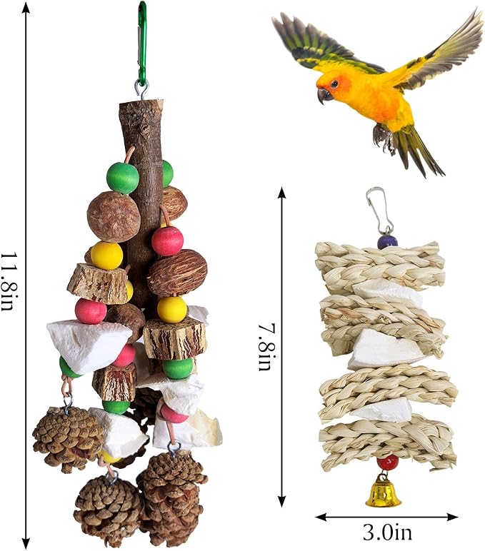 kathson Parrot Chew Toys, Medium Size Natural Wooden Bird Toys with Colorful Blocks, Hanging Bird Cage Accessories for Cockatiels, Conure, Cockatoos, 2 Pack (Style B)-Mewly Pet