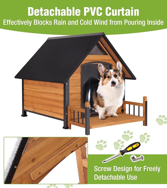 Large Outdoor Dog House Insulated, Weatherproof Dog Kennel with Porch, Anti-Chewing Metal Frame, for Medium to Large Breed-Mewly Pet