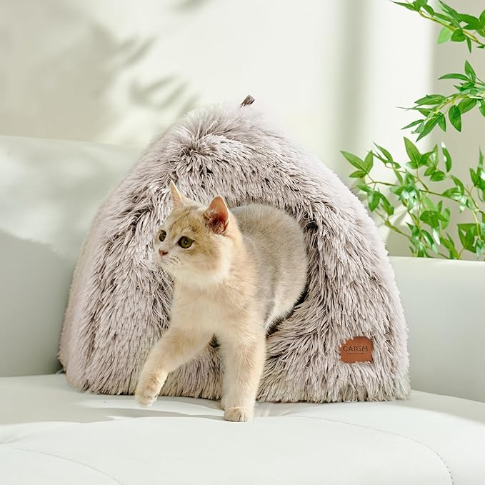 CATISM Cat Bed, Cat Cave for Indoor Cats, Soft Cat Dome, Self-Warming 2 in 1 Foldable Pet Cat House with Washable Cushioned Pillow Calming Fluffy Dog Beds for Small Dogs with Anti-Slip Bottom Brown L-Mewly Pet