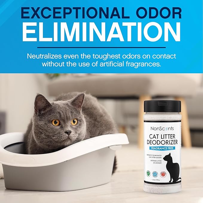 NonScents Cat Litter Deodorizer - Litter Box Odor Eliminator - Less Scooping Extends Kitty Litter Lifespan - Fragrance-Free Formula Eliminates Unpleasant Cat Odors - Fresh Scent Litter Pans (4-Pack)-Mewly Pet
