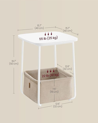 VASAGLE LILEA Collection - Side End Table with Fabric Basket, Modern Nightstand, Square Bedside Table, for Living Room, Bedroom, Matte White and Camel Brown ULET229W10