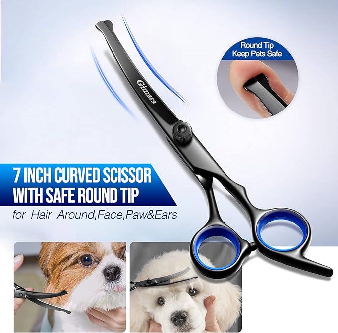 Gimars Dog Grooming Scissors Kit Professional 4CR with Safety Round Tip, 5 in 1 Heavy Duty Titanium Coated Thinning & Curved & Straight Shears-Mewly Pet
