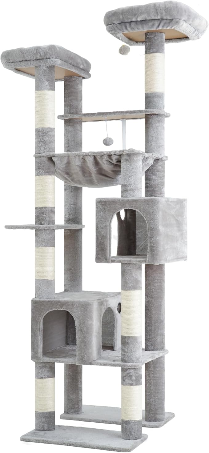 Hey-brother Tall Cat Tree Tower, Heavy Duty Scratching Posts with Large Platforms, Cozy Condos, Big Hammock, Toy Balls, Multi-Level Furniture for Indoor Adult Cats, 80.7 Inches, Light Gray MPJ039W-Mewly Pet