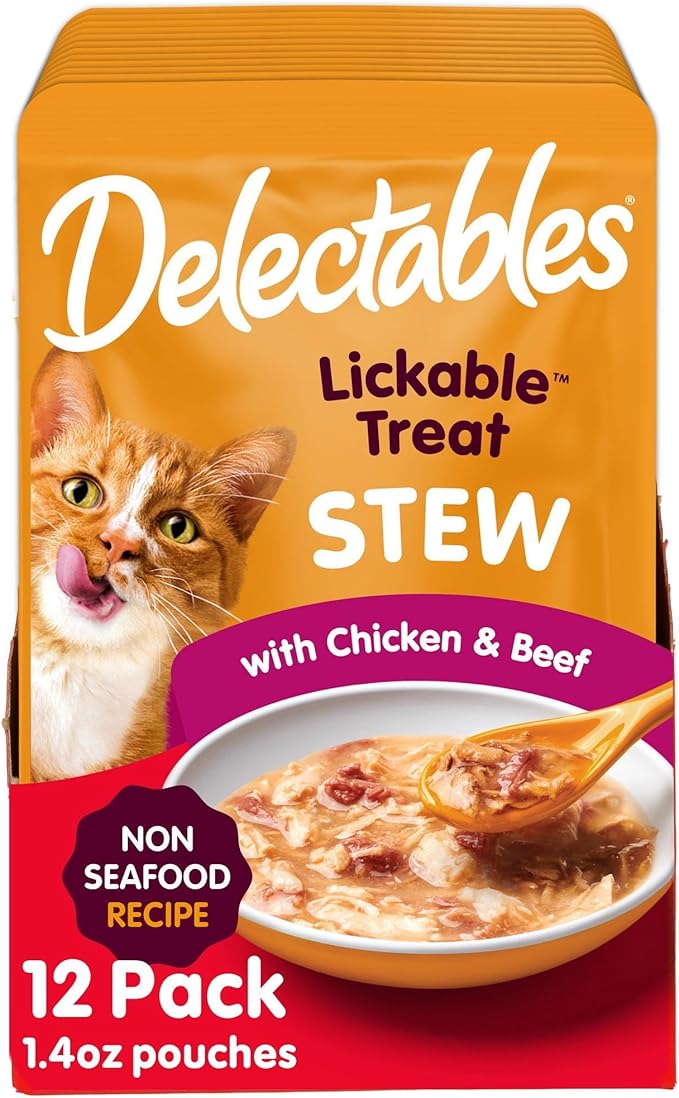 Hartz Delectables Non-Seafood Stew Lickable Wet Cat Treats, Chicken & Beef, 1.4 Ounce (Pack of 12)-Mewly Pet