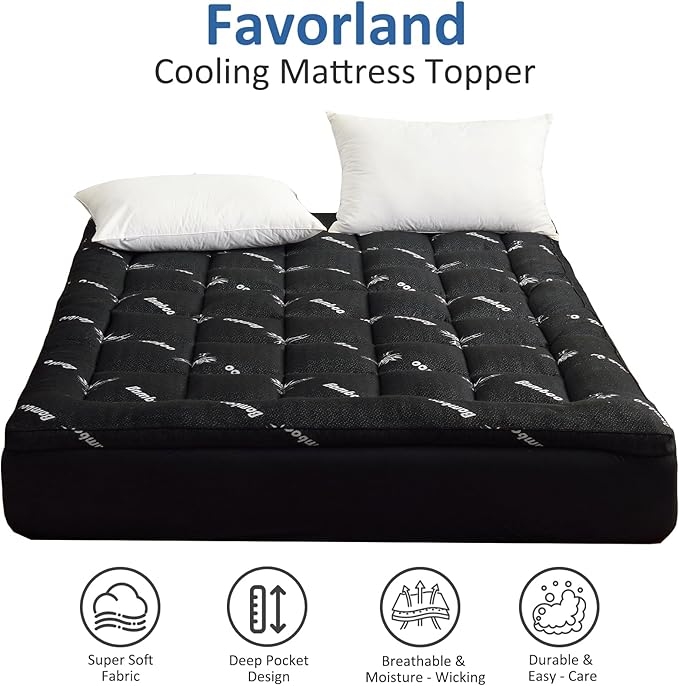 Favorland Mattress Topper King Size - Cooling Extra Thick Breathable Viscose Made from Bamboo Mattress pad - Soft Quilted Fitted Mattress Cover with 900 GSM Down Alternative Fill (8-21”Deep Pocket)