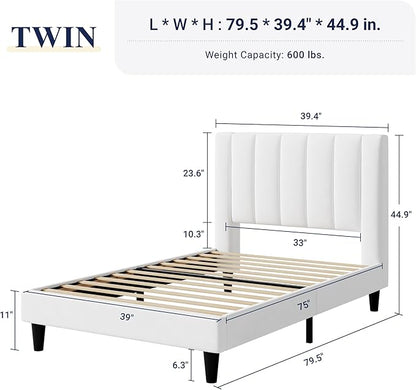 Allewie Twin Bed Frame/Velvet Upholstered Bed Frame with Vertical Channel Tufted Headboard/Strong Wooden Slats/Platform Bed Frame/Mattress Foundation/Box Spring Optional/Easy Assembly/White