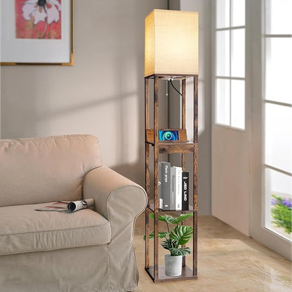 RUNTOP Floor Lamp with Shelves, Shelf Floor Lamp with Wireless Charger & 2 Charging USB Ports & Drawer, AC Outlet, 3 Color Temperature Tall Standing Lamp with Bulb for Living Room, Bedroom, Office