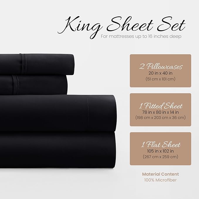 Linen Market Brushed Microfiber King Sheet Set 4 Piece – Oeko-TEX Certified Ultra Soft & Wrinkle-Free - 16" Deep Pocket Sheets - Easy Care King Size - Black