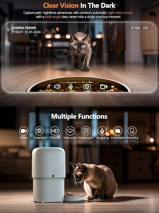 Automatic Cat Feeder with Camera - 5G WiFi Auto Cat Food Dispenser, 1080P HD Video with Night Vision, 1-15 Meals, 1-99 Portions, 2-Way Audio, Keeps Food Fresh, 4L Timed Pet Feeder Also for Dogs-Mewly Pet