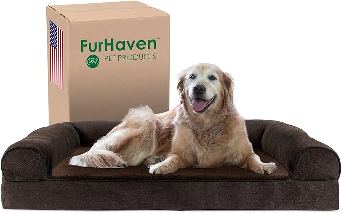 Furhaven Cooling Gel Dog Bed for Large Dogs w/ Removable Bolsters & Washable Cover, For Dogs Up to 95 lbs - Sherpa & Chenille Sofa - Coffee, Jumbo/XL-Mewly Pet