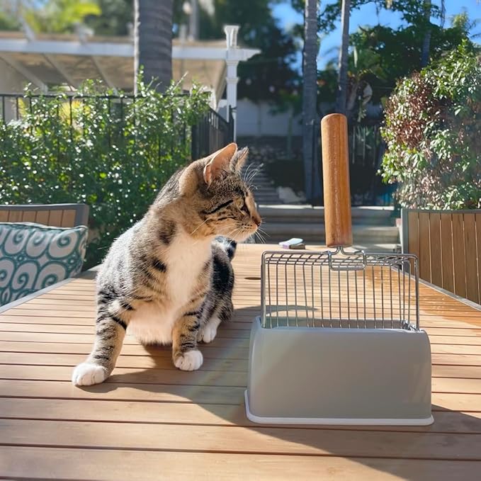 UFECODO Fast Sifting Cat Litter Scoop with Holder Stand, Stainless Steel Poop Scooper with Ergonomic Wood Handle, Heavy Duty and Easy Clean-Mewly Pet