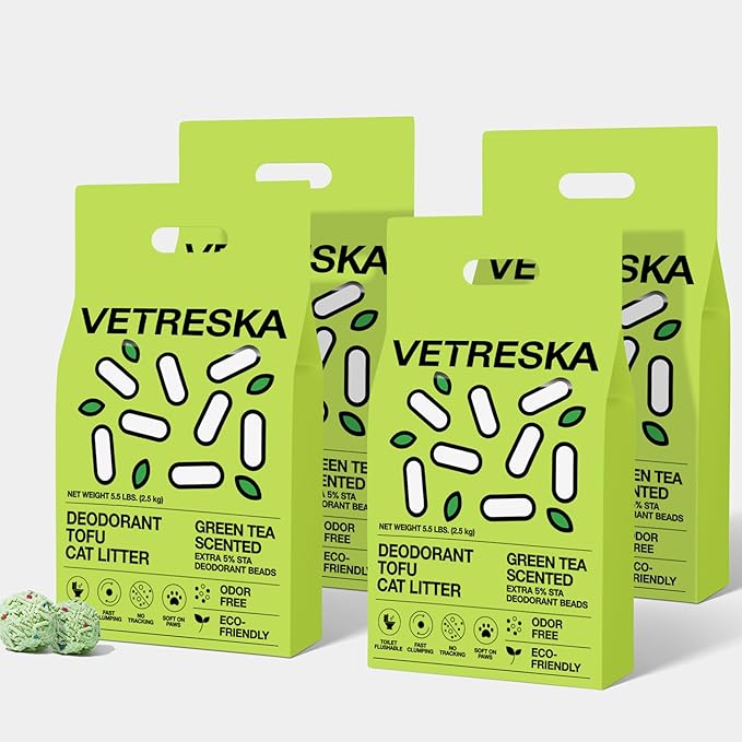 VETRESKA Tofu Cat Litter, Natural Kitty Litter Strong Clumping Flushable Cat Litter Pellets Ultra Absorbent, Odor Control, Dust-Free, Low Tracking Eco-Friendly Tofu Litter, Greentea(5.5lb×4bags)-Mewly Pet