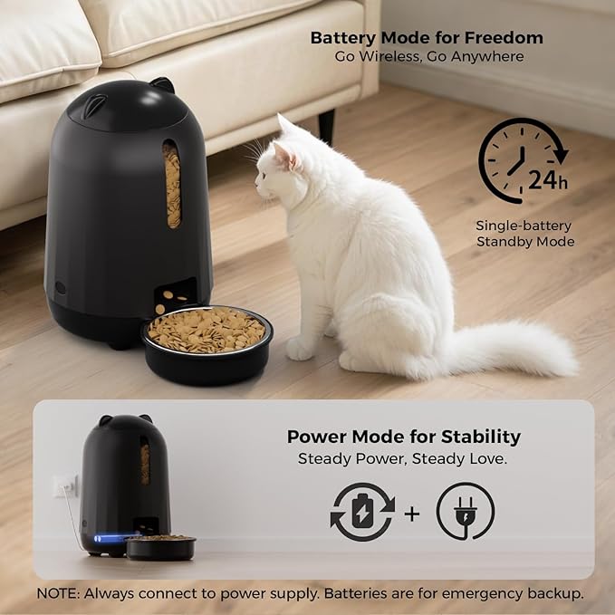 PAPIFEED Automatic Cat Feeder, 2.4G WiFi Auto Cat Food Dispenser with App Control, 3L Auto Pet Feeder with Dual Power Supply, Detachable for Easy Clean for Cats and Small Dogs, Black-Mewly Pet