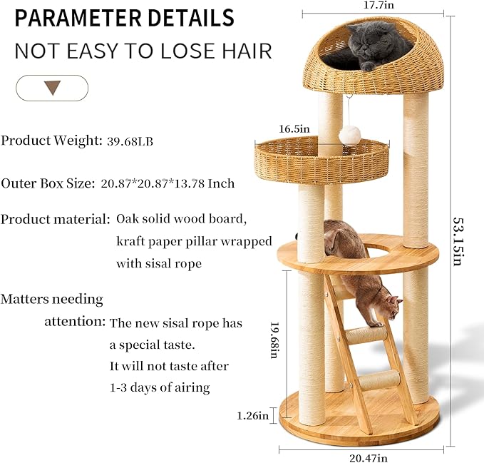 Big Modern Design Cat Tree Tower, Cat Tower Sisal-Covered Scratching Posts for Indoor Cats, Natural Oak Wood Cat Tree for Large Cats, Multi-Level Cat Condo with Sisal Staircase-Mewly Pet