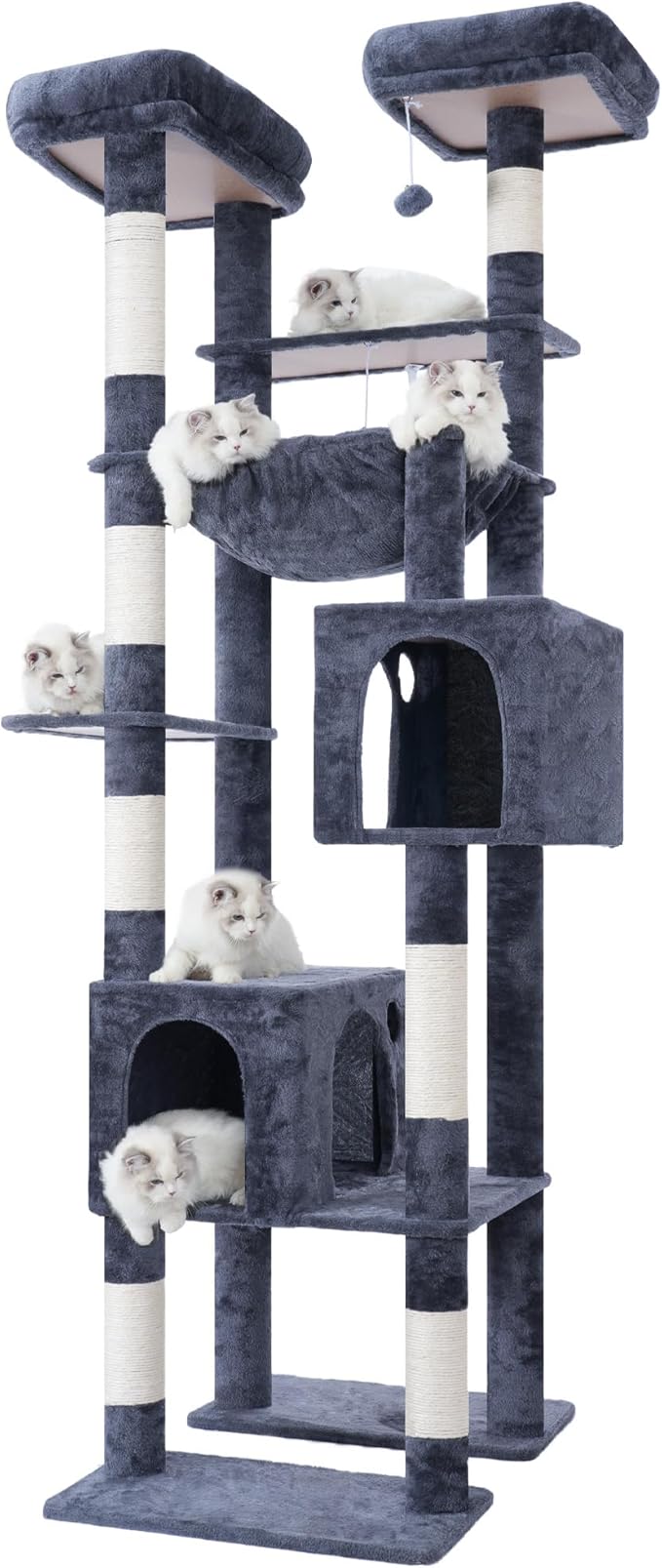 Hey-brother Tall Cat Tree Tower, Heavy Duty Scratching Posts with Large Platforms, Cozy Condos, Big Hammock, Toy Balls, Multi-Level Furniture for Indoor Adult Cats, 80.7 Inches, Smoky Gray MPJ039G-Mewly Pet