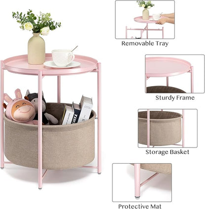danpinera Round Side Table with Fabric Storage Basket, Metal Side Table Small Bedside Nightstand with Removable Tray Top for Living Room, Bedroom, Nursery, Laundry, Light Pink