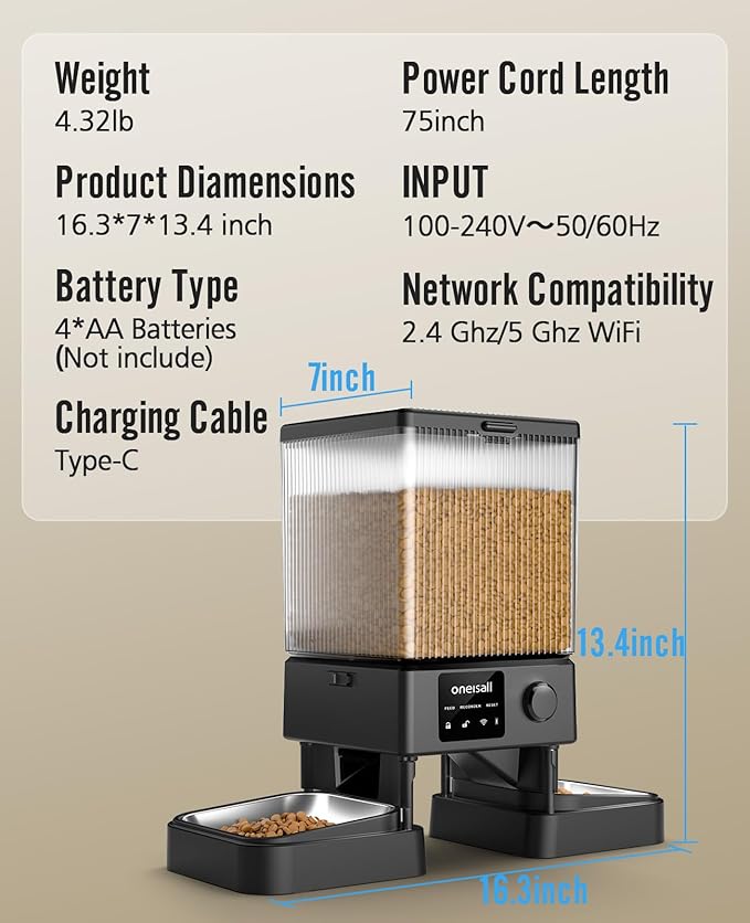 oneisall Automatic Cat Feeder with 5G WiFi, Automatic Cat Food Dispenser for 2 Cats Small Pets, 20 Cups/5L Timed Dry Food Dispenser with APP Control-Mewly Pet