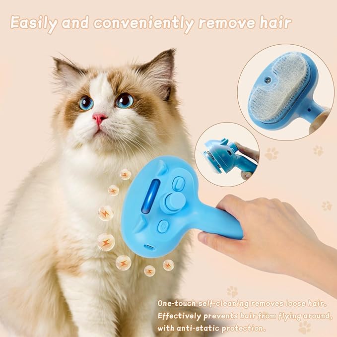 5-in-1 Pet Steam Brush for Cats & Dogs – Grooming, Shedding, Massage & One-Touch Clean for Short & Long Hair Pets – Electric Cat Brush with Comb & Steam (Blue)-Mewly Pet