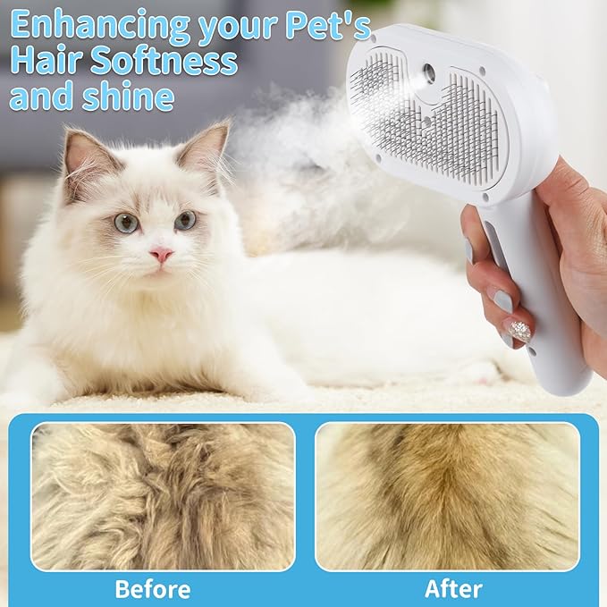Dog Brush for Shedding, Cat Brushes for Indoor Cats, Cat Brush for Shedding - Pet Grooming Supplies with Steam, Hair Removal Comb Spray for Long-Haired Cats and Dogs (White)-Mewly Pet