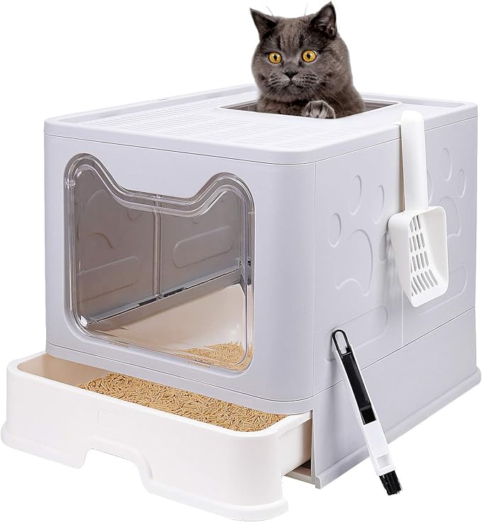 Foldable Cat Litter Box with Lid, Enclosed Potty, Large Top Entry Anti-Splashing Toilet, Easy to Clean Including Litter Scoop and 2-in-1 Cleaning Brush (Grey)-Mewly Pet