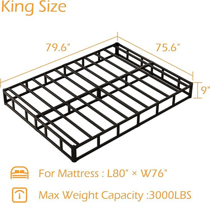 King Box Spring 9 Inch, Heavy Duty Metal Box Spring Bed Base with Fabric Cover, Mattress Foundation, Easy Assembly, Noise Free, Black
