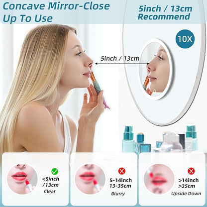 Lighted 10X Magnifying Mirror, 3 Color Modes Dimming Light, 6inch Large Rechargeable Magnified Mirror with 3 Suction Cups & 360° Stand, High Magnification Makeup Mirror with Tweezers & Scissors