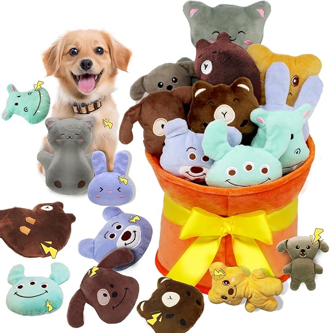 Squeaky Dog Toys, 11 Pcs Interactive Dog Plush Toy Collection in Flower Bouquet Packaging,10 Adorable Animal Plushies for Endless Play & Training-Mewly Pet