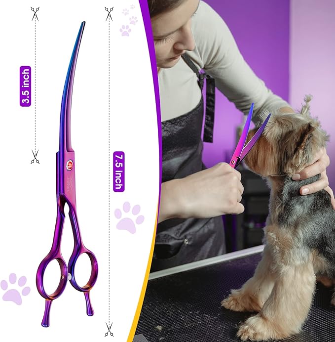 JASON Curved Shears for Dogs - 7.5" Pet Grooming Scissors with Ergonomic Handle Japanese Stainless Steel Trimming Scissor for Dogs, Cats and Other Pets, Sharp (Up-Curved, Purple)-Mewly Pet