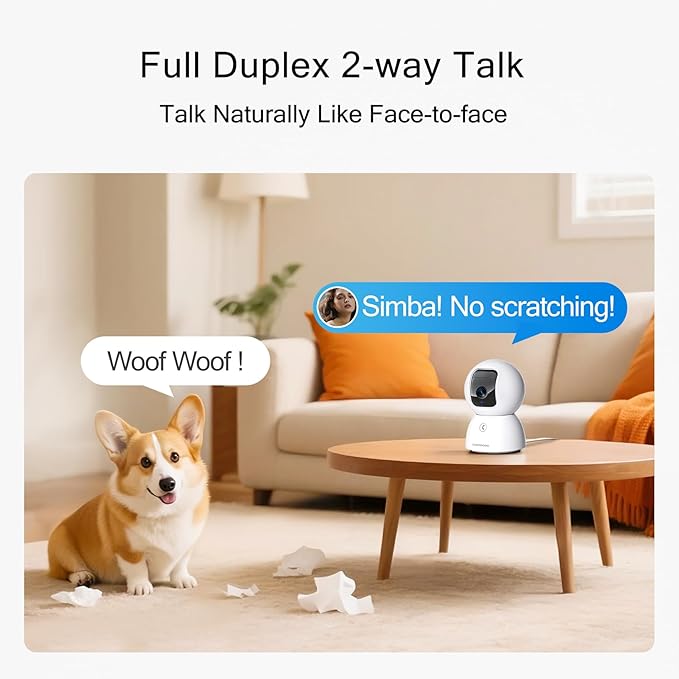 3K Pet/Dog/Cat Camera with Phone App, No-Subscription Local Person/Pet/Face Detection, 5G Security Camera Indoor, PTZ WiFi Cameras for Home Security, 0-Glow Night Vision, Full Duplex Audio-Mewly Pet