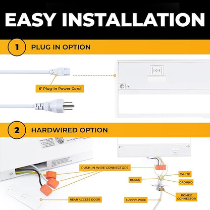 LED Under Cabinet Lighting Hardwired - 3CCT 18 Inch White Finish - Undercabinet Lights for Kitchen - Linkable Undercounter Dimmable Plug in Light or Hard Wired - Under Counter Fixture Direct Wire