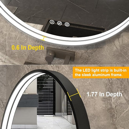28 Inch LED Round Mirror for Bathroom, Black Metal Framed LED Bathroom Mirror with Lights, 3 Colors and Stepless Dimmable Wall Mounted Lighted Bathroom Vanity Mirror, Anti-Fog, Memory