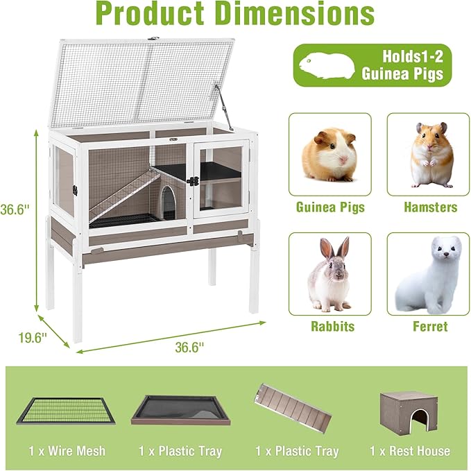GUTINNEEN Indoor Rabbit Hutch Guinea Pig Cages with Chew-Proof Ramp, 2-Story Wooden Bunny House with Pull-Out Tray & Leakproof PVC Layer, Small Animal Cage with Detachable Legs-Mewly Pet