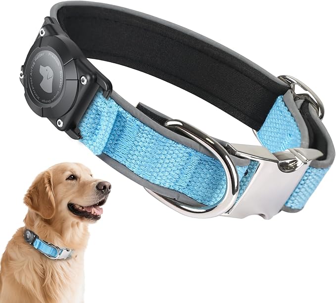 Waterproof Airtag Dog Collar - Nylon Collar with Durable Airtag Holder, Reflective&Anti-Lost with Safety Metal Buckle, Soft Padded Adjustable for Small Medium Large Dogs Blue L-Mewly Pet