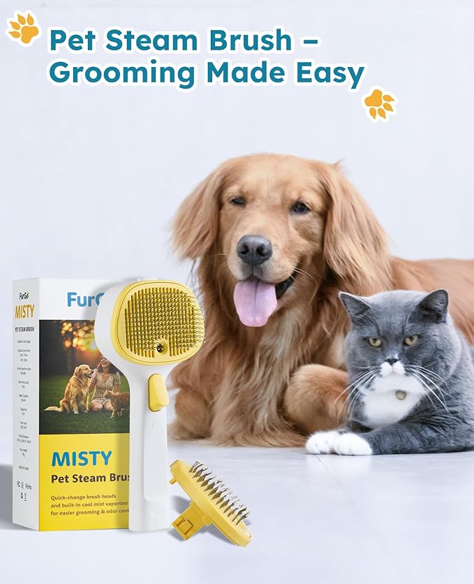 FURGO 3-in-1 Pet Steam Brush for Dogs & Cats – Reduces Static, Short-Pin Head for Short Hair, One-Click Release Button, Dog Spray Brush for Shedding Control (Short)-Mewly Pet