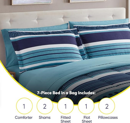Sweet Home Collection 7 Piece Comforter Set Bag Solid Color All Season Soft Down Alternative Blanket & Luxurious Microfiber Bed Sheets, Marino, King