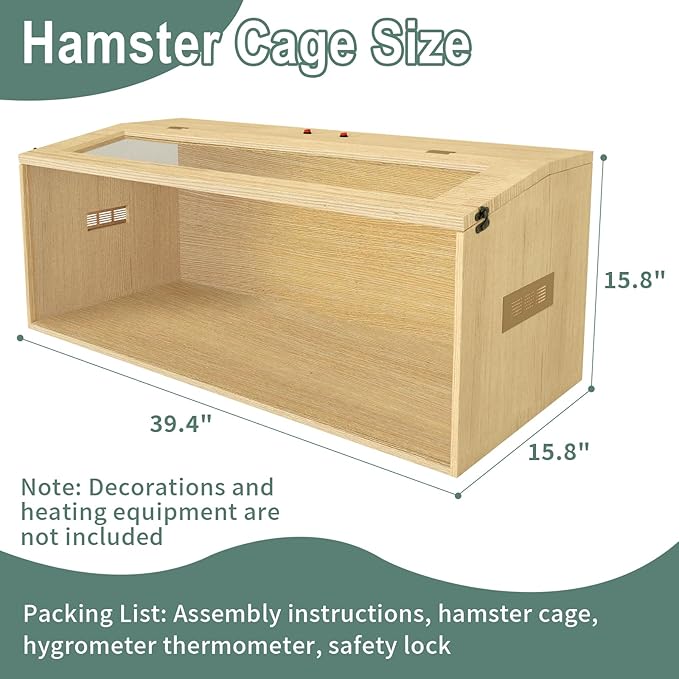 Large Hamster Cage 40", Top Opening Lockable Roof, Gerbil Cage with Ventilation Window, Dwarf Hamster Cages and Habitats, Chewproof Syrian Hamster Habitat Enclosure, (Wooden, 40" L x 16" W x 16" H)-Mewly Pet